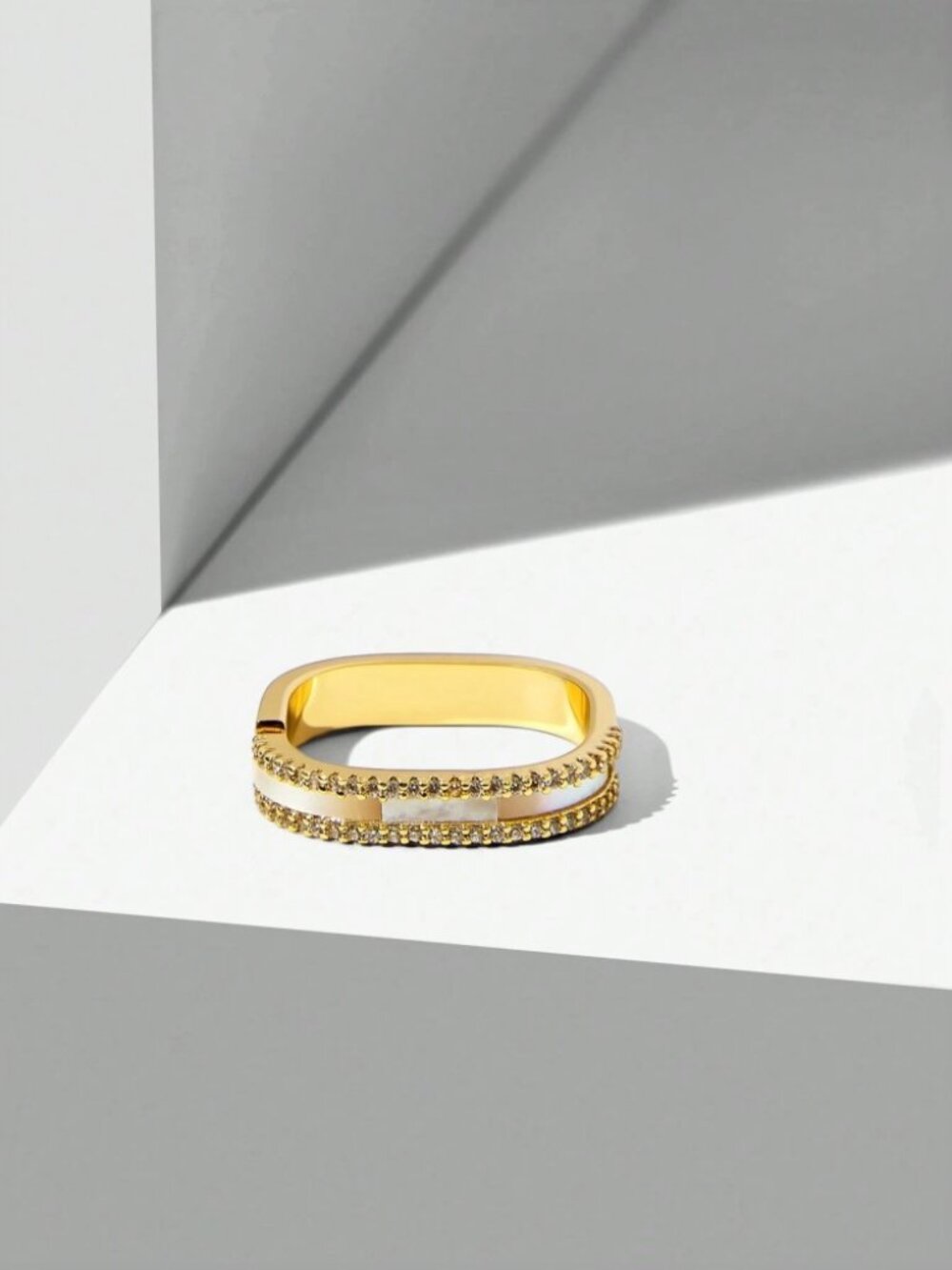 Gold Square Ring with Mother-of-Pearl Inlay & Pave Trim